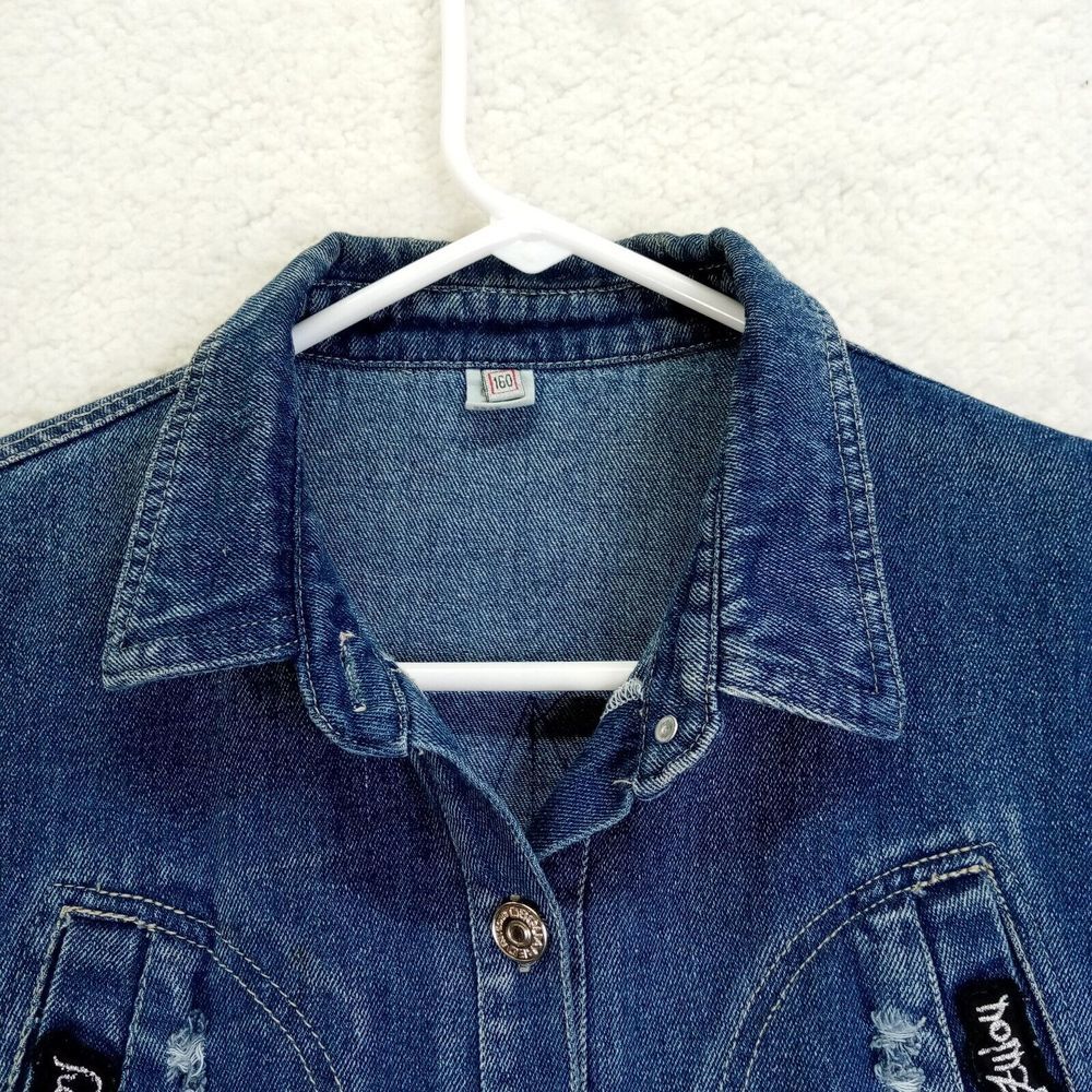 Boom Sequin Hi-Low Hem Denim Jacket Girls Sz 10-12 Blue Distressed - Picture 8 of 14